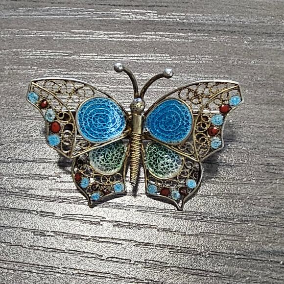Vintage 800 Gold Filigree Painted Butterfly Brooch - Picture 1 of 8